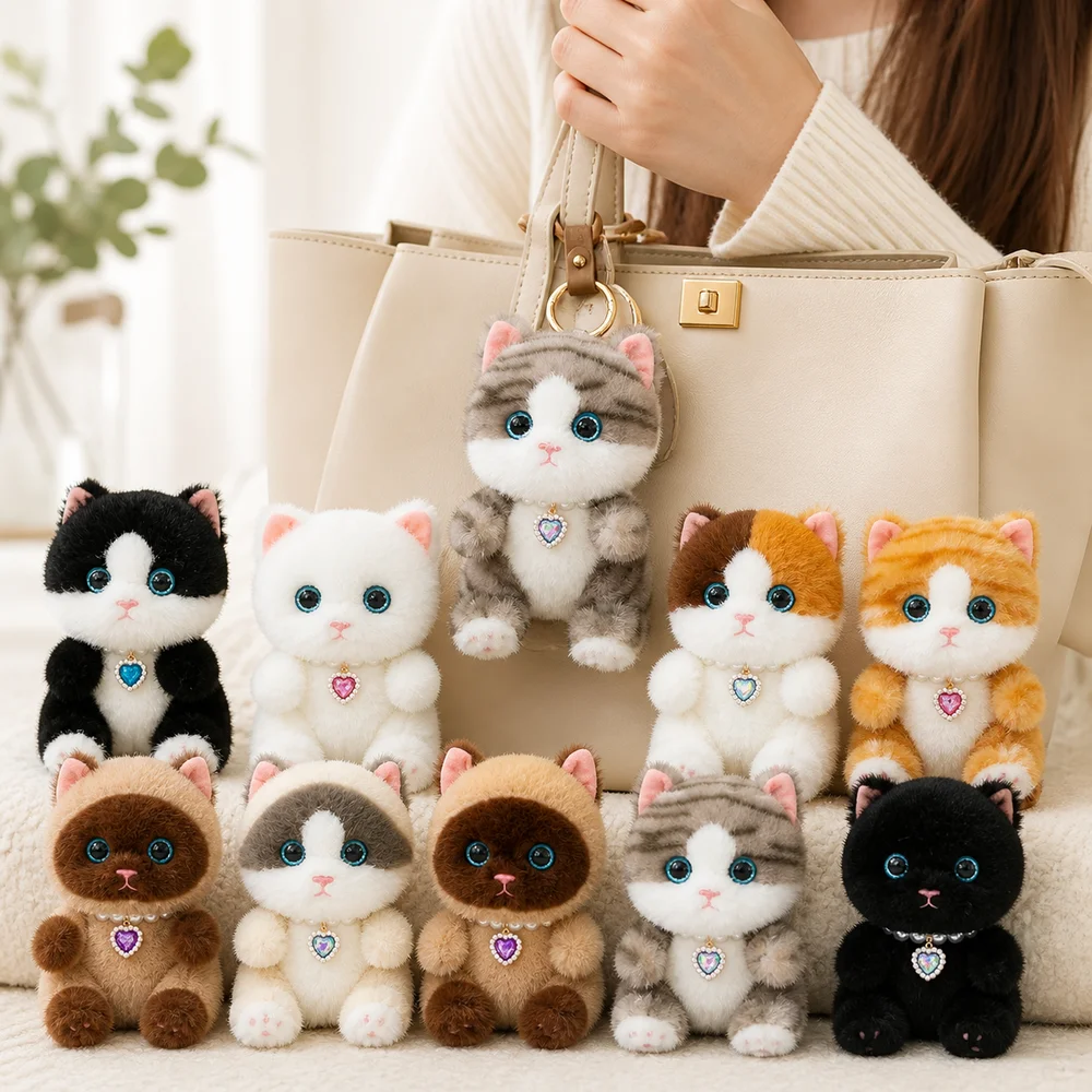 New Realistic Kitten Shape Cat Keychain Sitting Cat Furry Cat Pendant Soft Cute HandBag Pendant For Bag Decoration