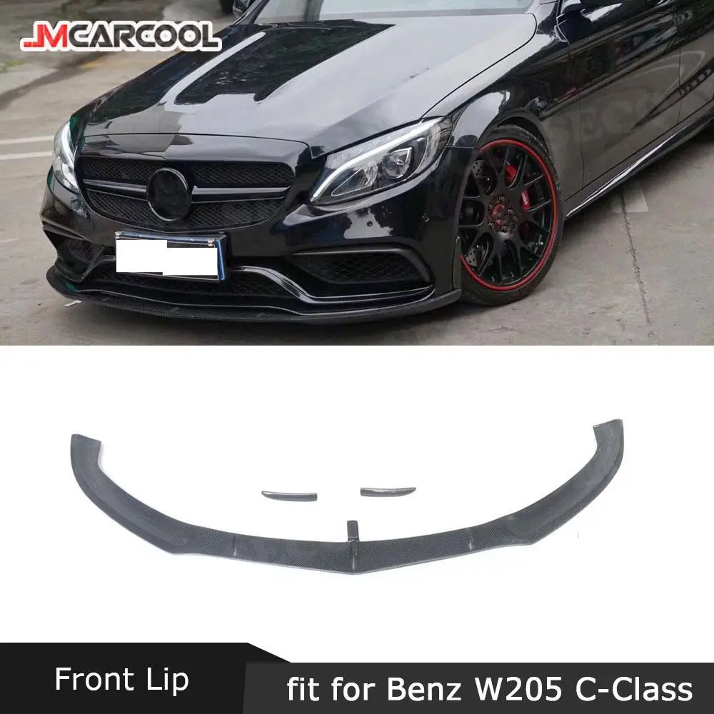 Carbon Fiber Front Bumper Lip Spoiler with Side Trim Strips for Benz W205 C205 C63 AMG Sedan Coupe 2015-2022 FRP Head Chin Guard