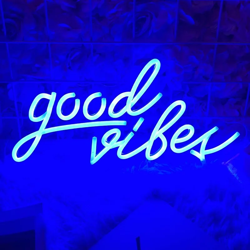 Good Vibes Neon Signs for Wall Decor Lights Bedroom USB Powered LED Girls Dorm Office Party Decorations Blue 16 x 8 inches