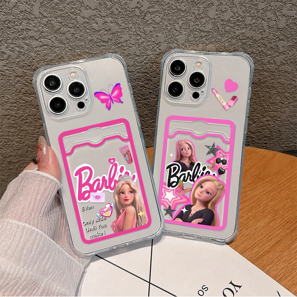 Cartoon Barbies Princess Card Hold Case for IPhone 15 14 13 12 11 Mini Pro Max X XR XSMax 6 7 8 Plus SE20 Anti-fall Clear Cover