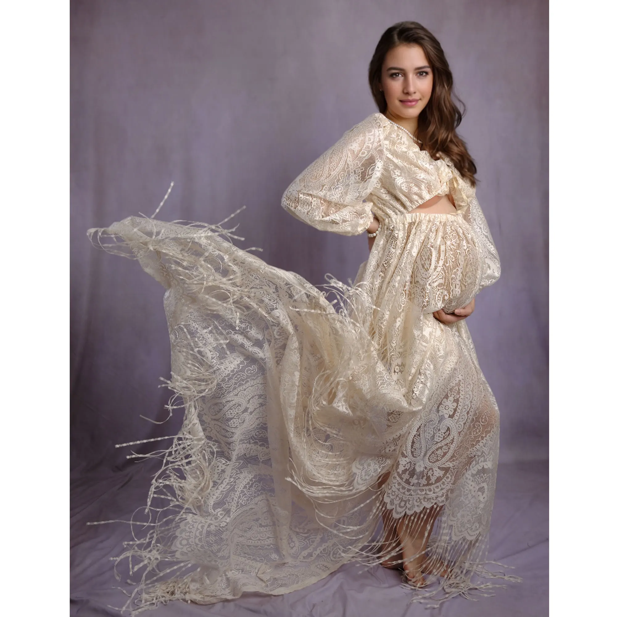 

Don&Judy Bohemian Lace Tassels Maternity Photography Dress Flutter Long Sleeve Pregnancy Women Photo Shoot Party Babyshower Gown