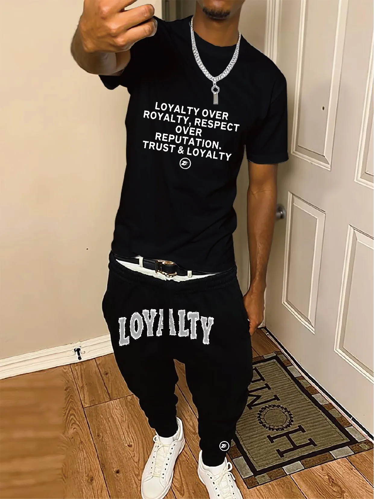 

Loose round neck sweatshirt black Loyalty respect trust printed text casual sports