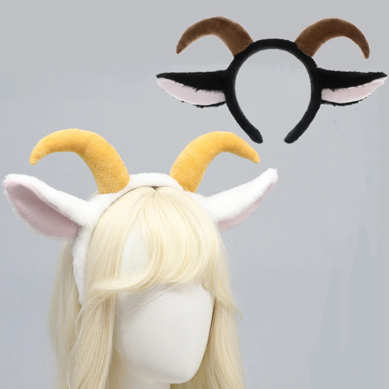 Cute Lolita Plush Long Horn Lamb Headbands Cosplay Kawaii Animal Costumes Props Black Goat Ears Headdress Fox Hair Accessories