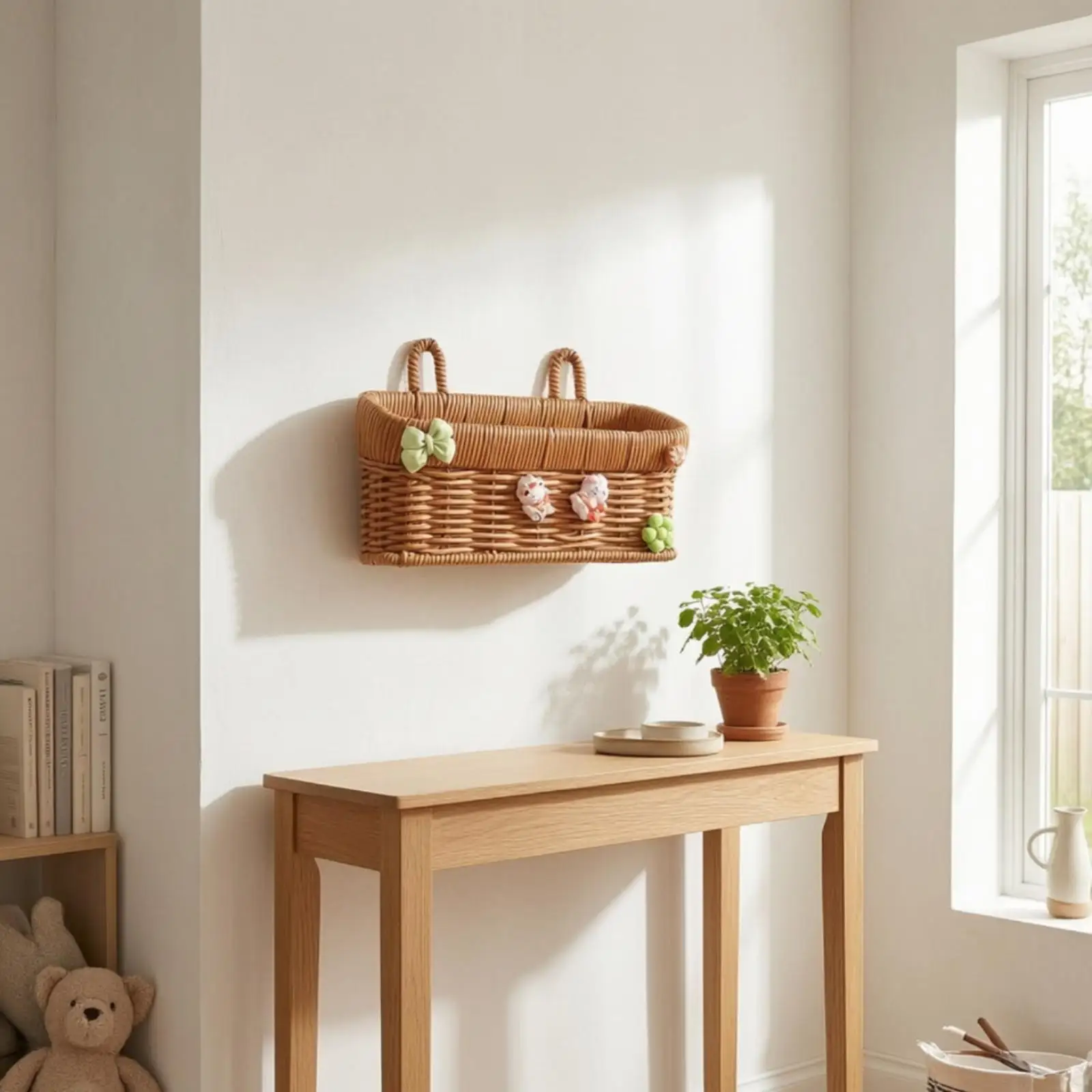 Wall Hanging Basket Rustic Brown Wicker Style Organizer Basket Vertical Storage Basket for Hallway Kitchen