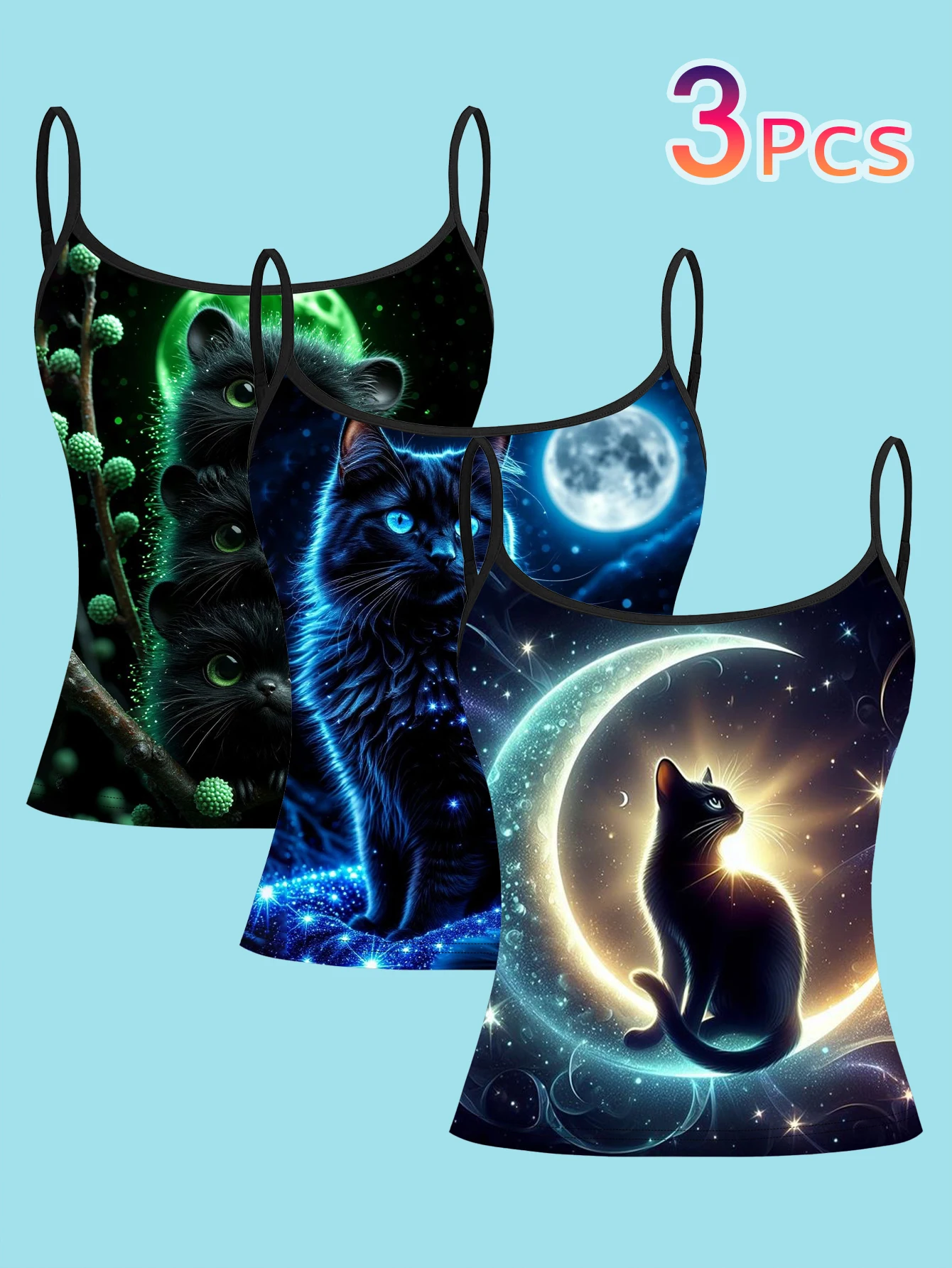 3-Pack Fluorescent Black Cat Starry Sky Moon Print Spaghetti Strap Camisole for Women, Dreamy Gothic Style Slim-Fit Undershirt