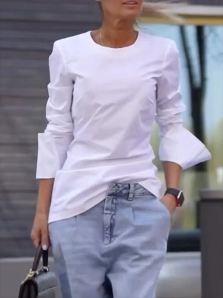 

Women's Cotton White T-Shirts Solid Color Long Sleeves Flared Cuff Round-Neck Casual Loose Fit Basic Tops