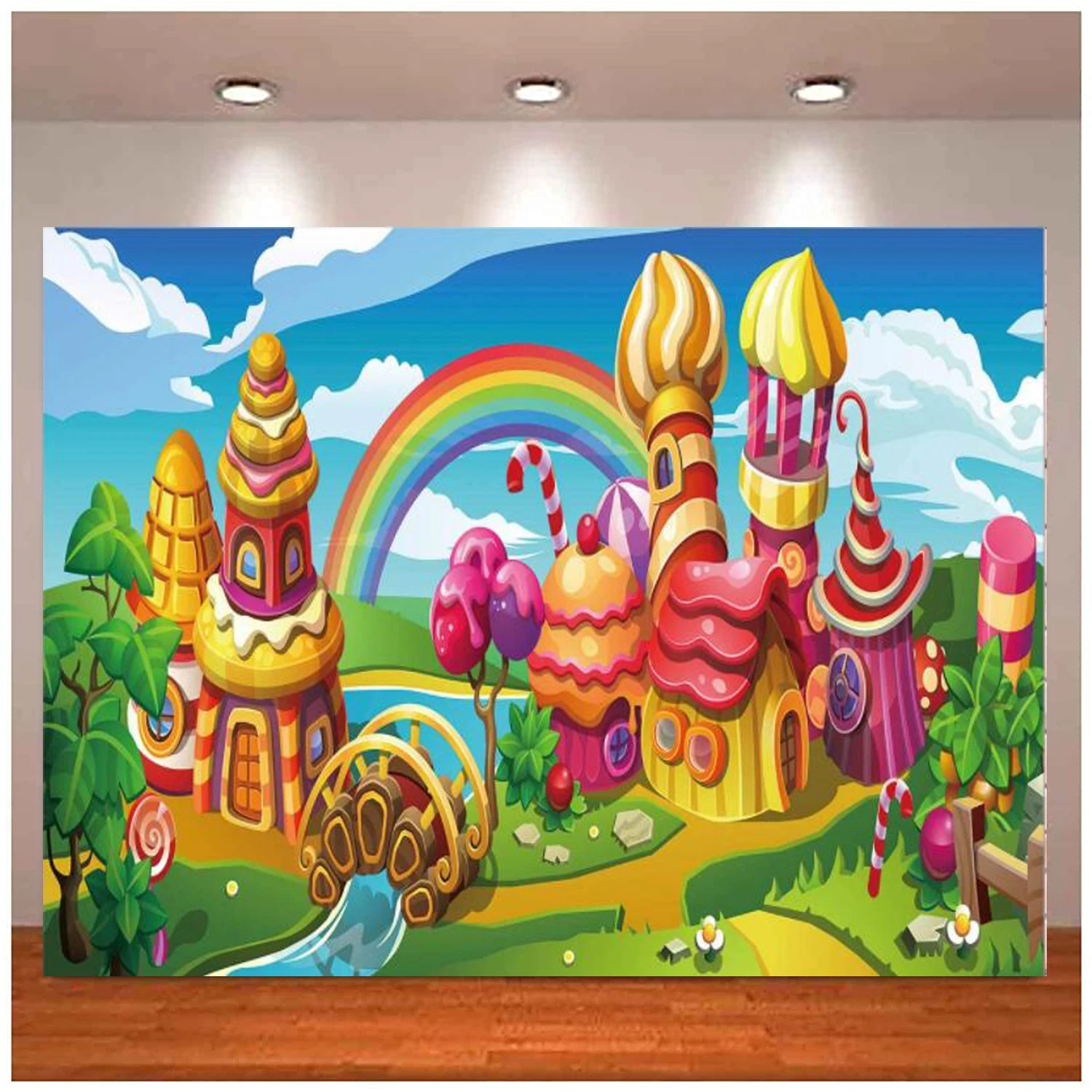 

Candy Town Photo Backdrop Sweet Cartoon Fairy Forest Ice Cream Donut Lollipop Rainbow Background Cake House Birthday Party Decor