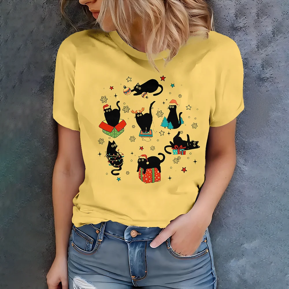 

2025 Summer Women's Casual Fashion 3D Printed Simple Black Cat Pattern Short Sleeve T-shirt for Girls Elegant T-shirt Top