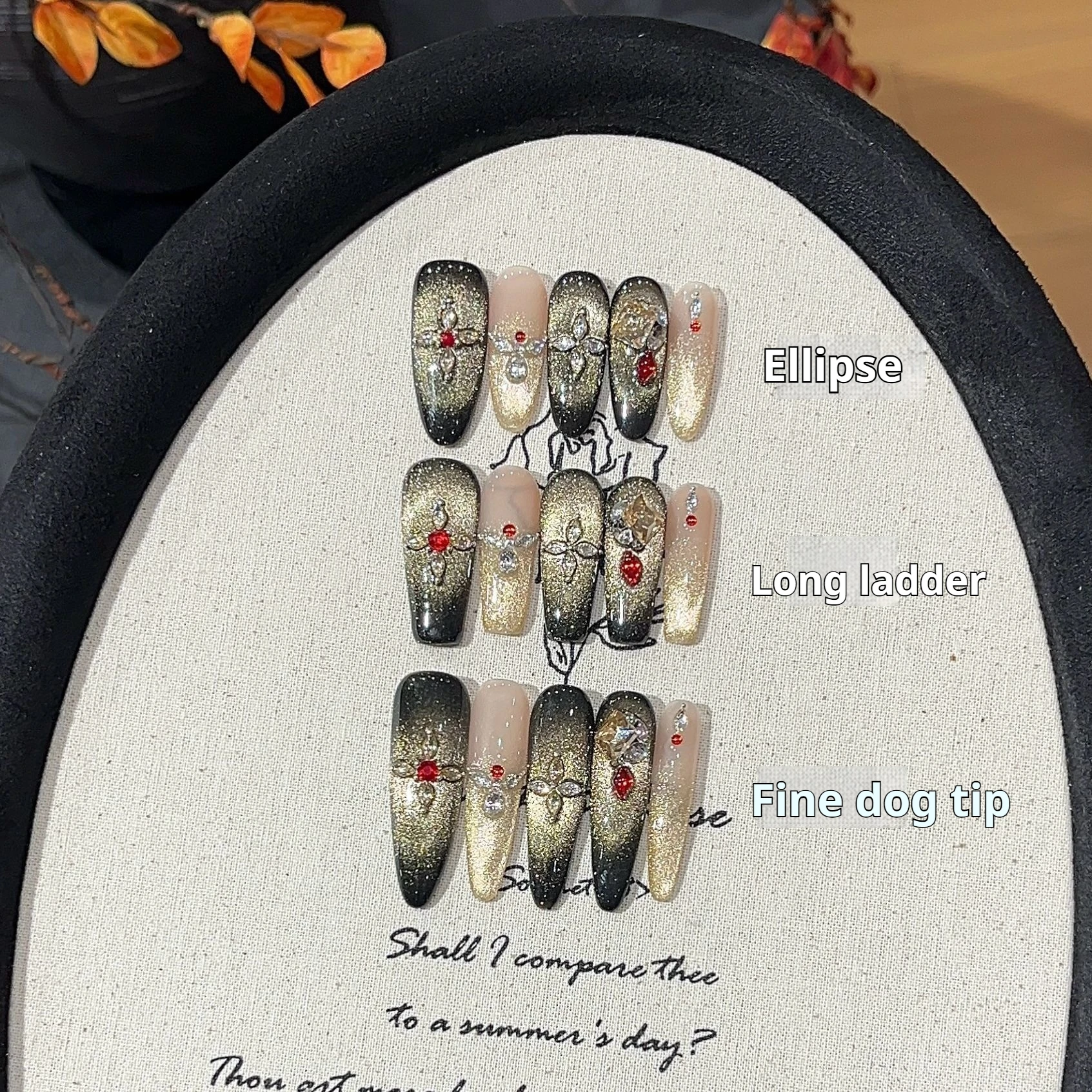 

10PCS Babes Sparkling Petal Pink Diamond Surrounding Love Black Gold Cat Eye Fake Nails Reusable Handmade Press on Nails