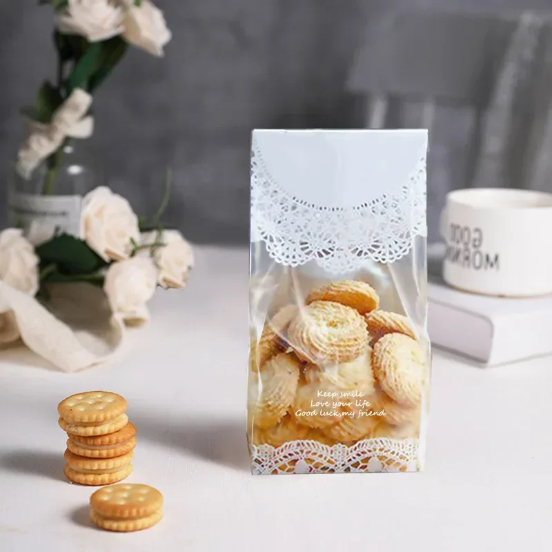 50 unids/lote bolsa de galletas de encaje blanco regalo de boda dulces magdalenas hechas a mano DIY bolsas de embalaje de plástico de Navidad