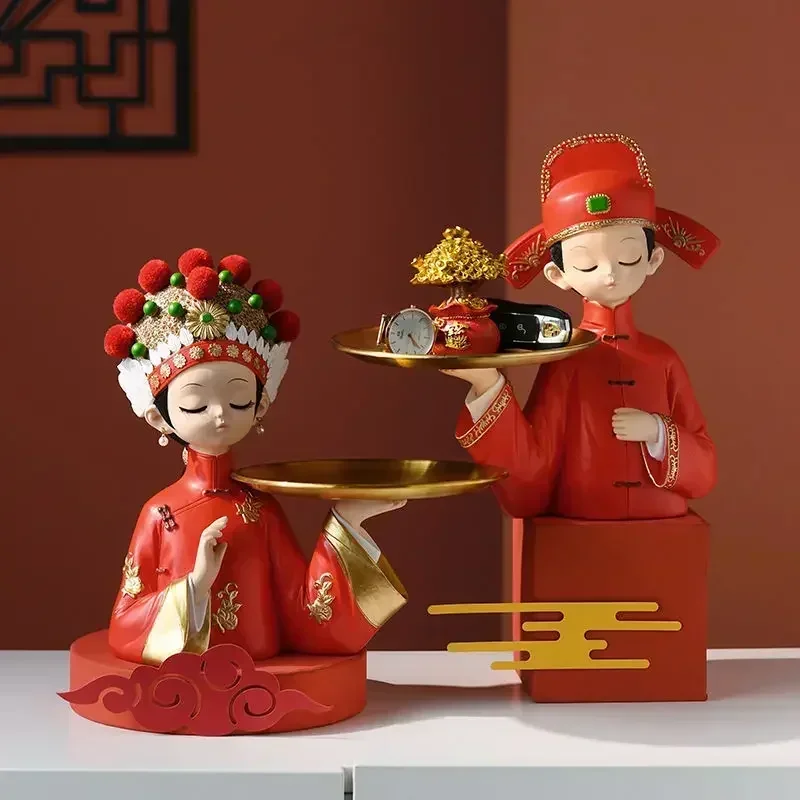 

Chinese Bride Groom Storage Tray Resin Accessories Home Livingroom Desktop Sculpture Decoration Craft New Couple Wedding Gifts