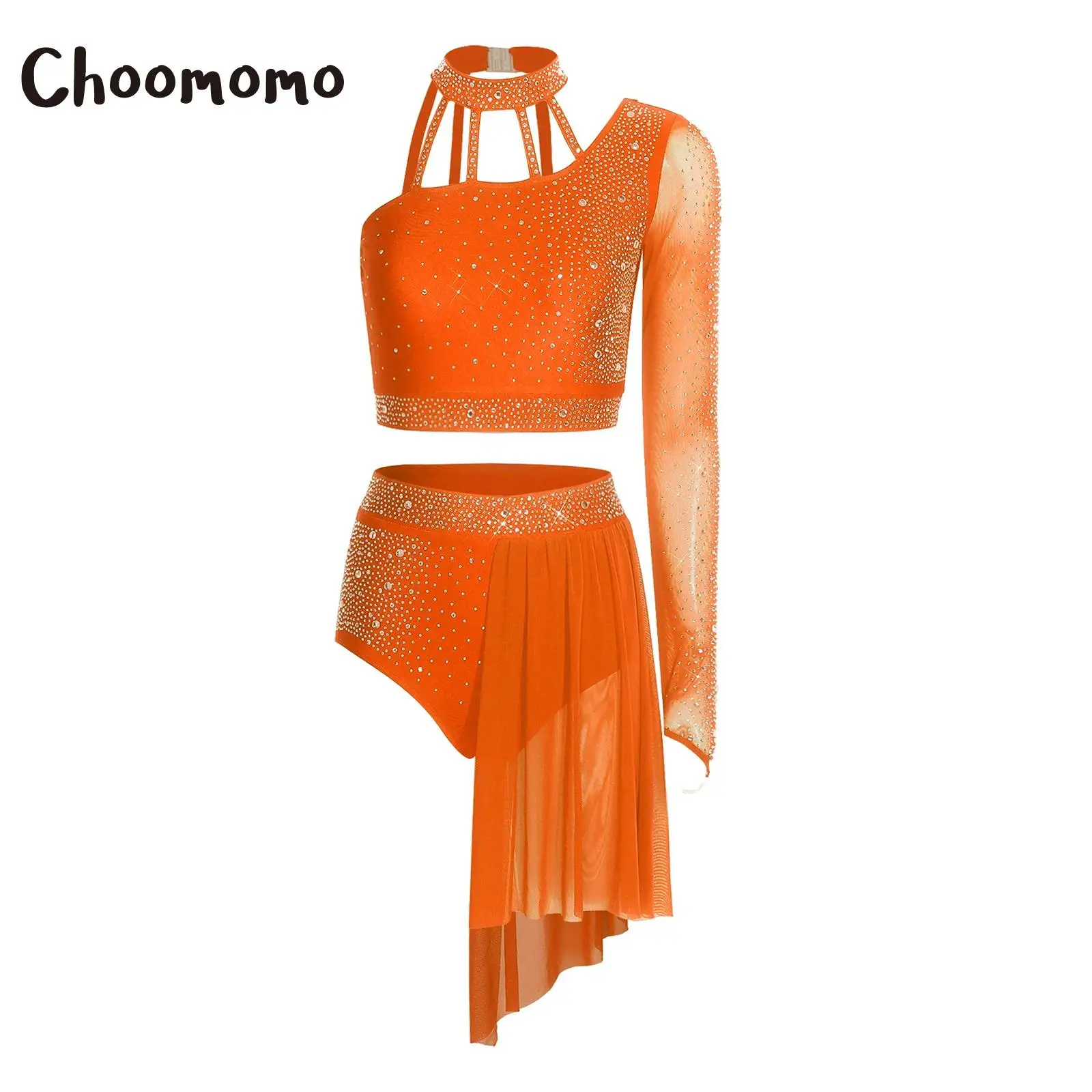 

Women Modern Ballet Dance Outfit One Shoulder Sheer Mesh Rhinestone Crop Top and Irregular Skirt Shorts Gymnastics Latin Costume