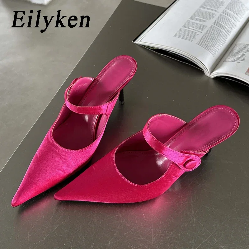 Eilyken 2024 Satin Button Pointed Toe Mules Pumps Women Slipper Fashion Shallow Thin High Heels Ladies Shoes