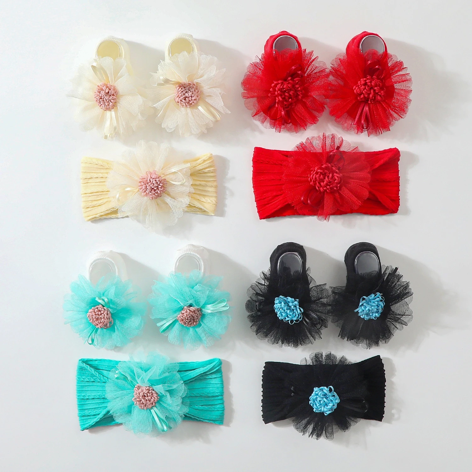 New 1 Set Lace Floral Baby Socks Hairbands For Newborn Soft High Elastic Warm Knitted Socks Headbands Girls Boys Cute Mid Socks