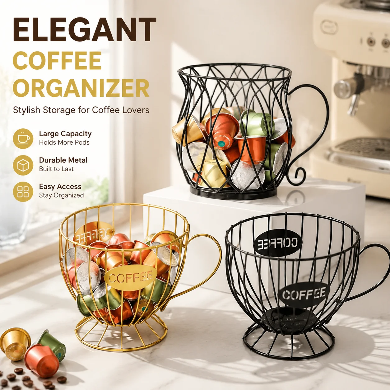 Metal Coffee Capsule Holder Display Stand, Modern Countertop Organizer for Coffee Pods, Large Capacity Cup Shaped Storage Rack