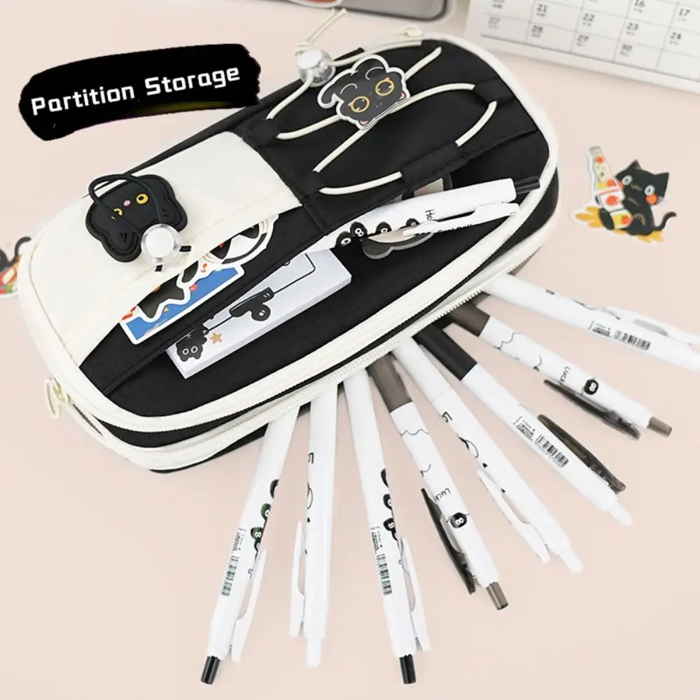 Black Cat Pen Bag Multi-layer Drawstring Design Pencil Case Partition Storage Large Capacity Stationery Organizer Back To School