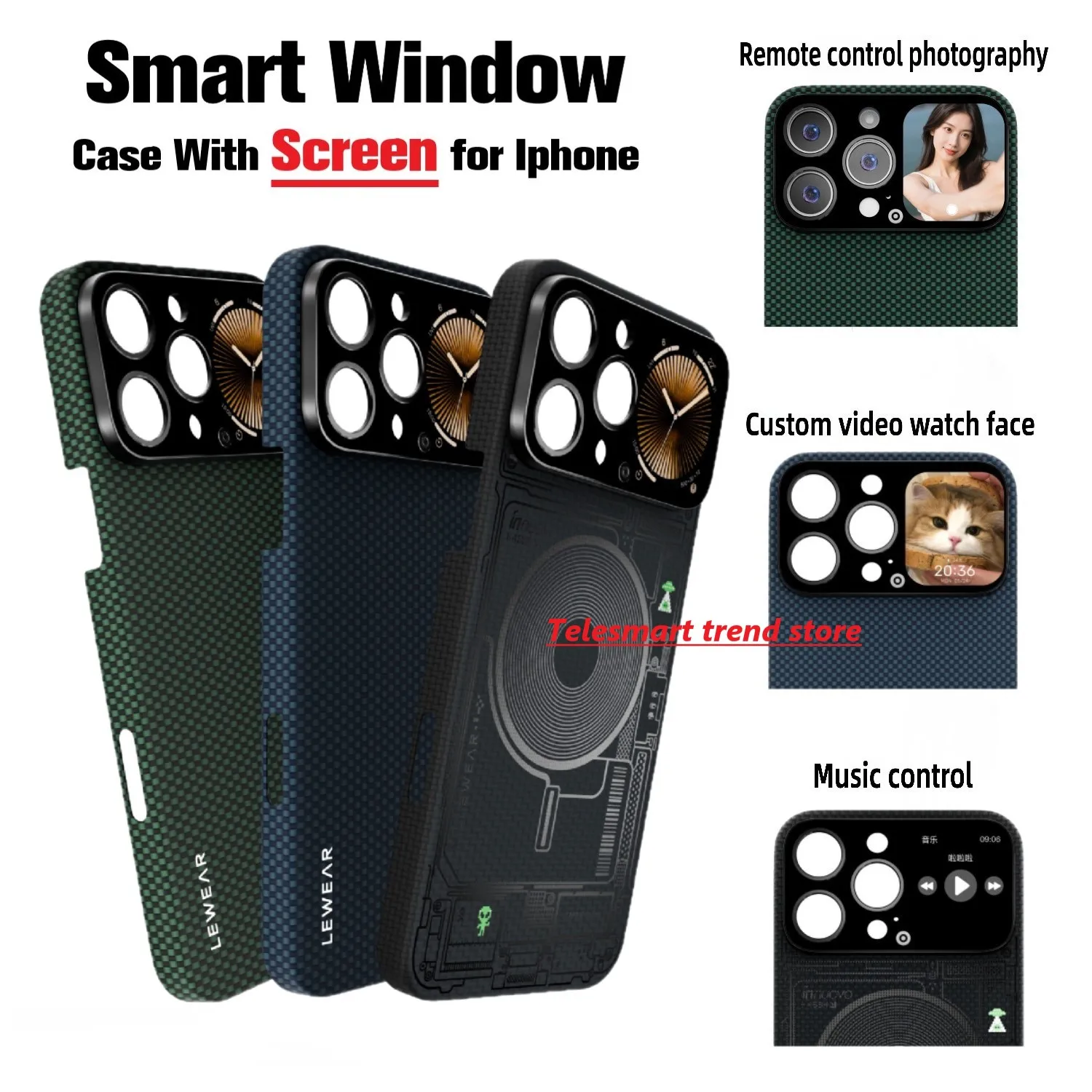 

Top Kevlar Fiber Phone Case With Smart Window Touch Screen Music Control Touchscreen Smartphone Cases For IPHONE 16 Pro Max