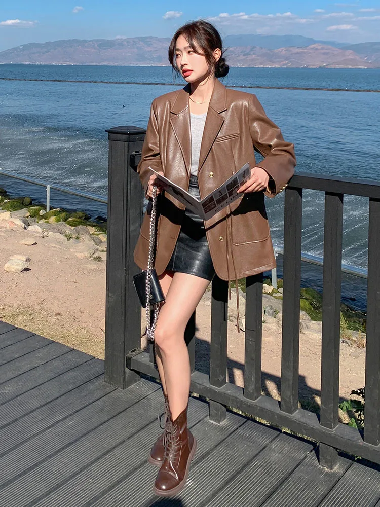 Loose Fit Brown Button Pu Leather Big Size Jacket New Lapel Long Sleeve Women Coat Fashion Tide Spring Autumn 2023