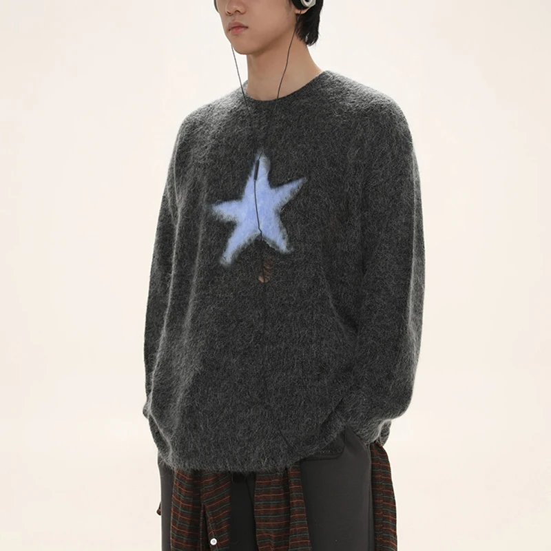 Y2k Clothes Men Oversized Star Sweater Black Loose Grey Women Vintage Retro Knitted Sweater 2022 Autumn Cotton Pullover Unisex