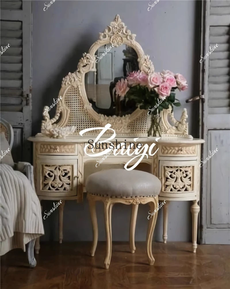 French retro log carved dresser makeup table luxury carved old princess  FT