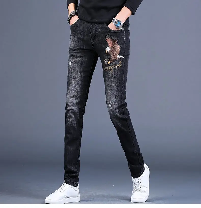 

High Quality Men's Fashion Embroidery Denim Pants Ripped Decoration Casual Jeans Classic Slim-fit Style Black Stretch Trousers;