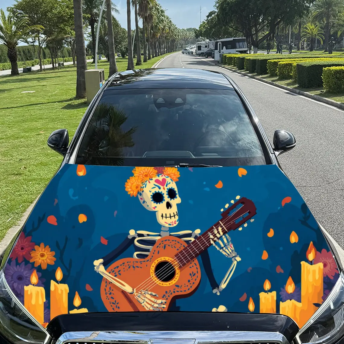 

Загадочный День мертвых череп с гитарой, ПВХ, виниловые обертки на капот автомобиля, самоклеящаяся водонепроницаемая наклейка на капот автомобиля, C