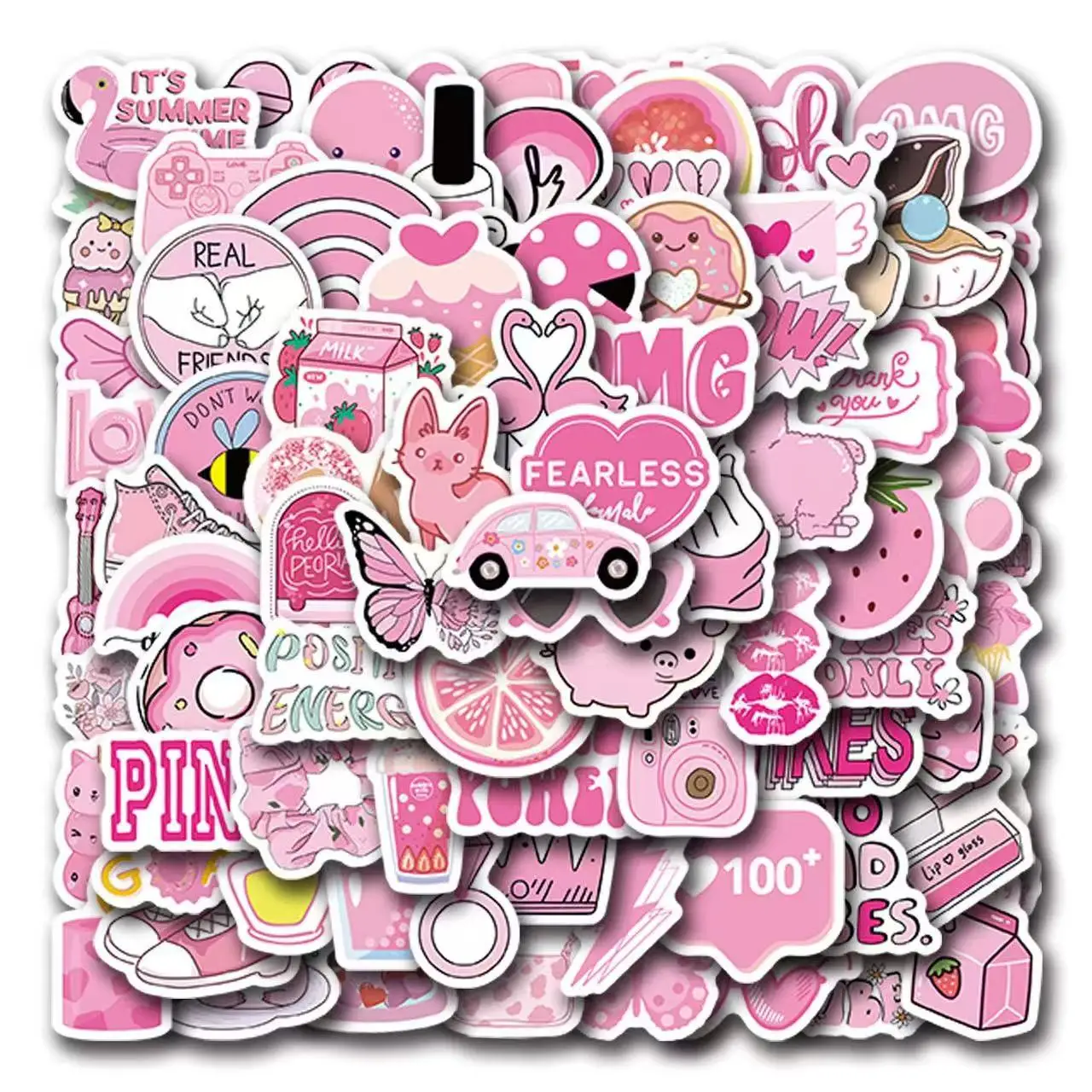 

100PCS Pink Aesthetic Cartoon Waterproof Stickers Trendy INS Style Vinyl Decals for Water Bottles Laptop Journal DIY Decor