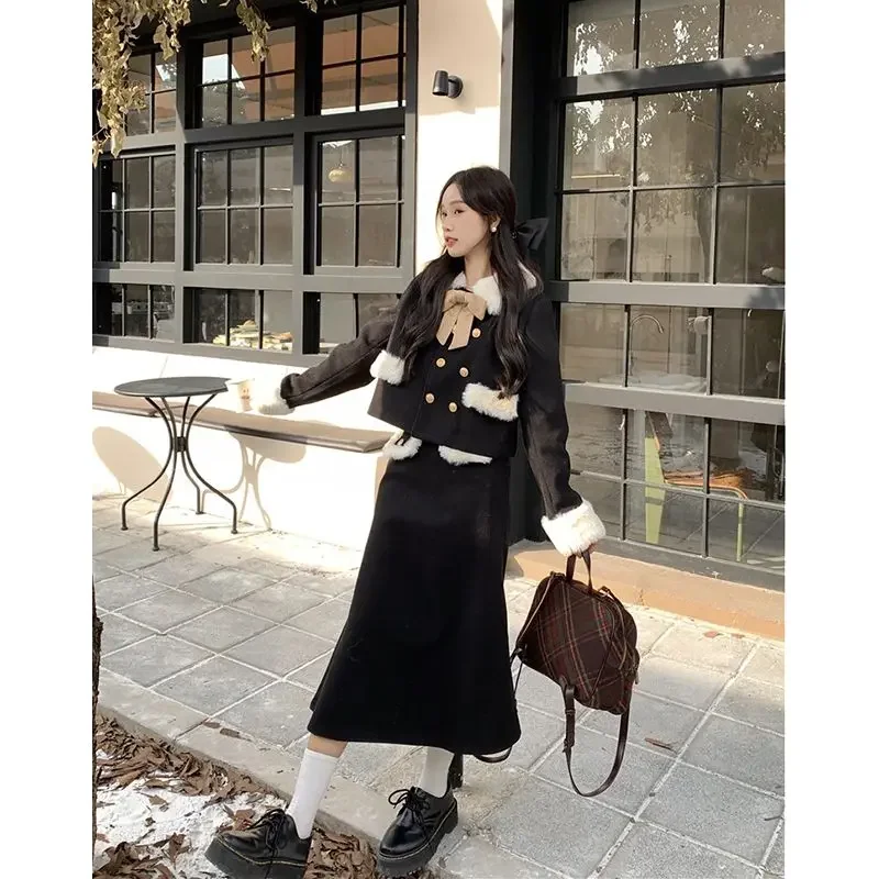 Cute Cuff Double-breasted Small Fragrant Wind Clip Cotton Thickened Woolen Coat Long Skirt Women's Winter 2024 New Fashion Suit