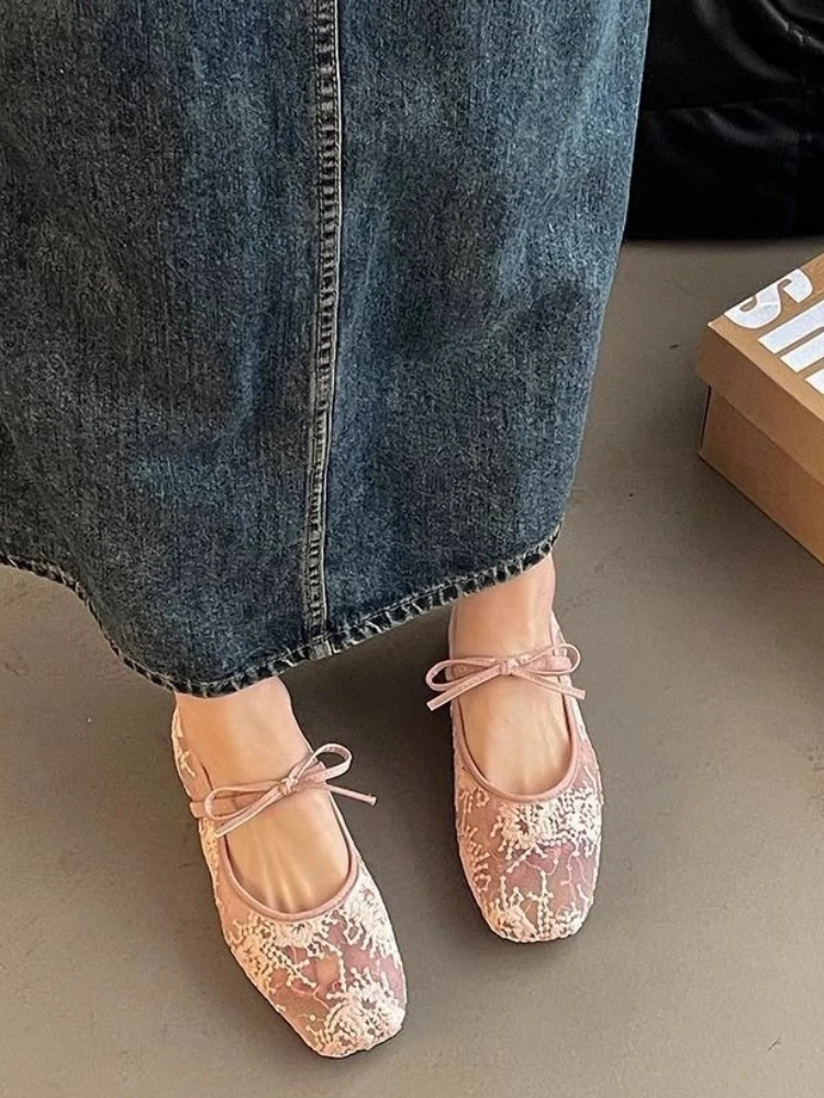 

Spring Summer New Collection Women Flat Mary Jane Shoes Plus Size with Bow Fairy Touch Mesh Sequin Lace Breathable Fashion