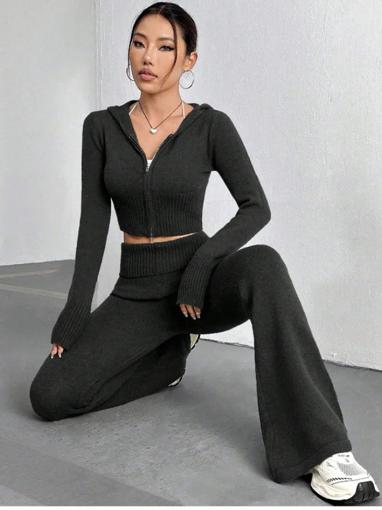 Autumn Winter Streetwear Knitted Two Piece Set Women Zipper Hooded Pit Strip Top Low Waist Bellbottom Long Pants Tracksuits