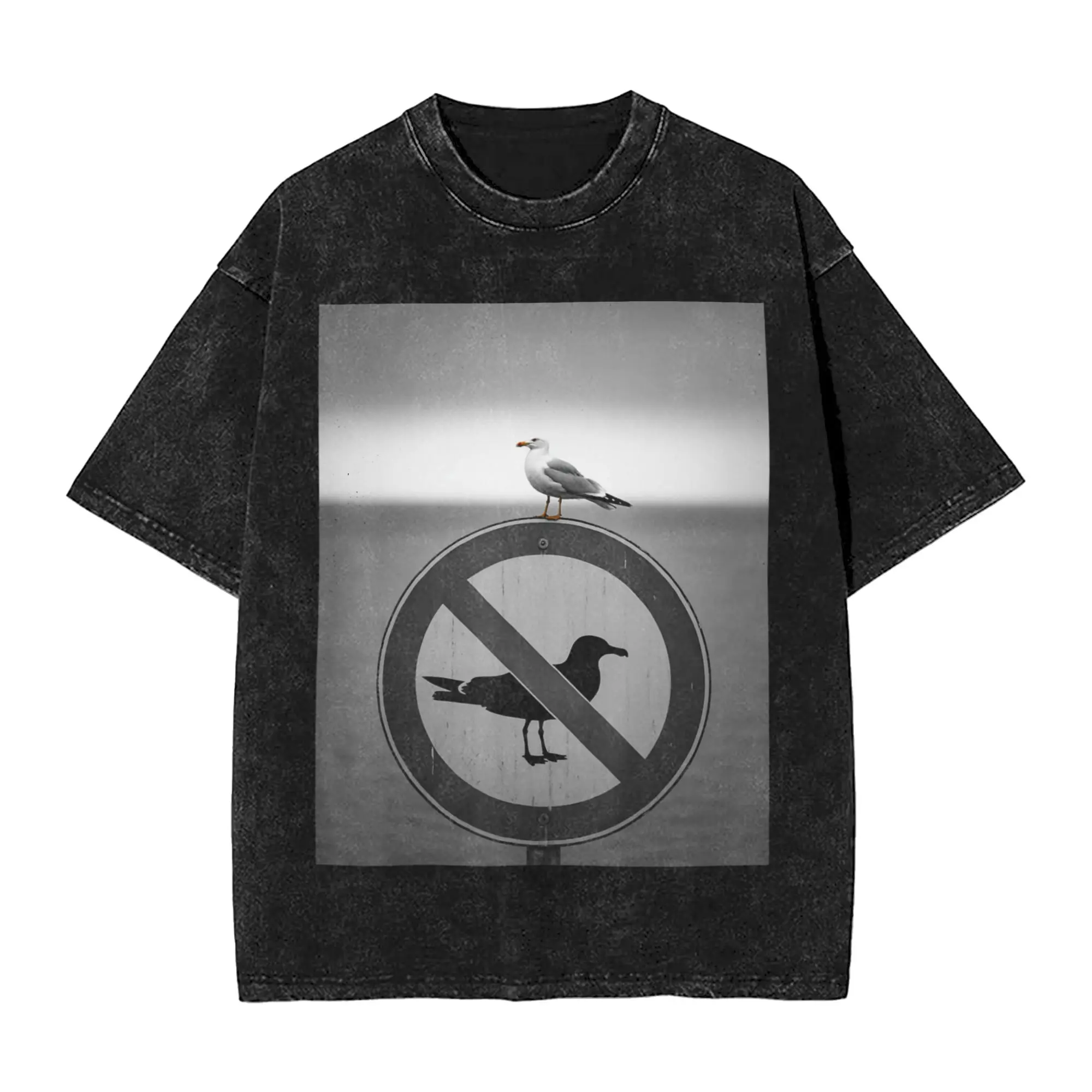 Harajuku Washed Shirt Funny Seagull Saying Bird Ignores No Seagulls Sign Humor  Outfit Fashion T-Shirts Oversize  Streetwear