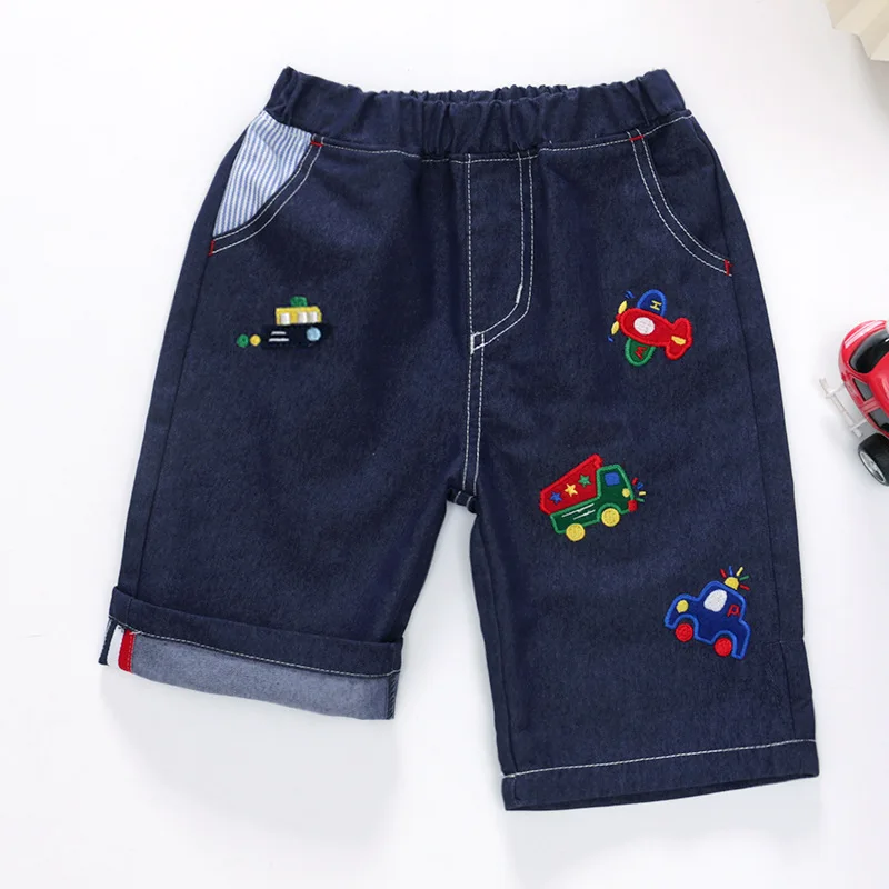 Embroidery Denim Shorts Kids Cartoon Car Airplane Construction Cute Baby Boy Girl Summer Loose Six Pants Children Jeans