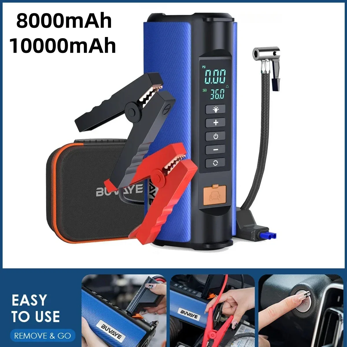 Car Jump Starter Air Pump Outdoor Portable Power Lamp Portable Air Compressor Multifunctional Tire Inflator with EVA Bag