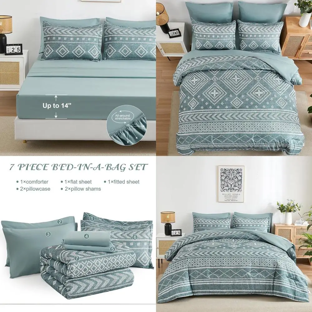

7-Piece King Boho Aztec Bedding Set in Grayish Blue with Microfiber Stripes for All Seasons