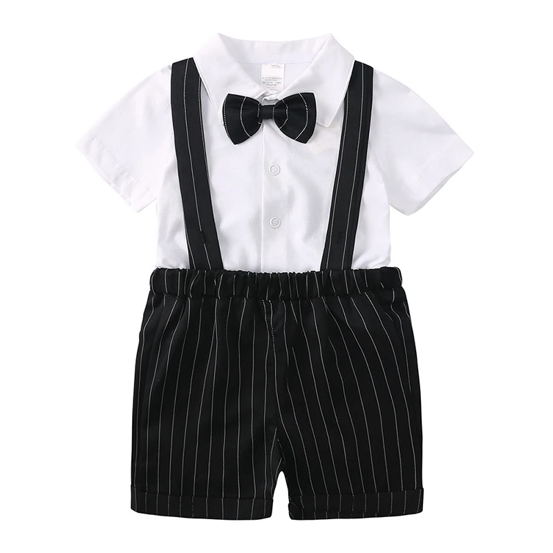 

Baby Gentleman Suit Set Boys Kids Short Sleeve Bowtie Shirt Tops Suspenders Shorts Infant Toddler Formal Party Shorts Set 0-24M