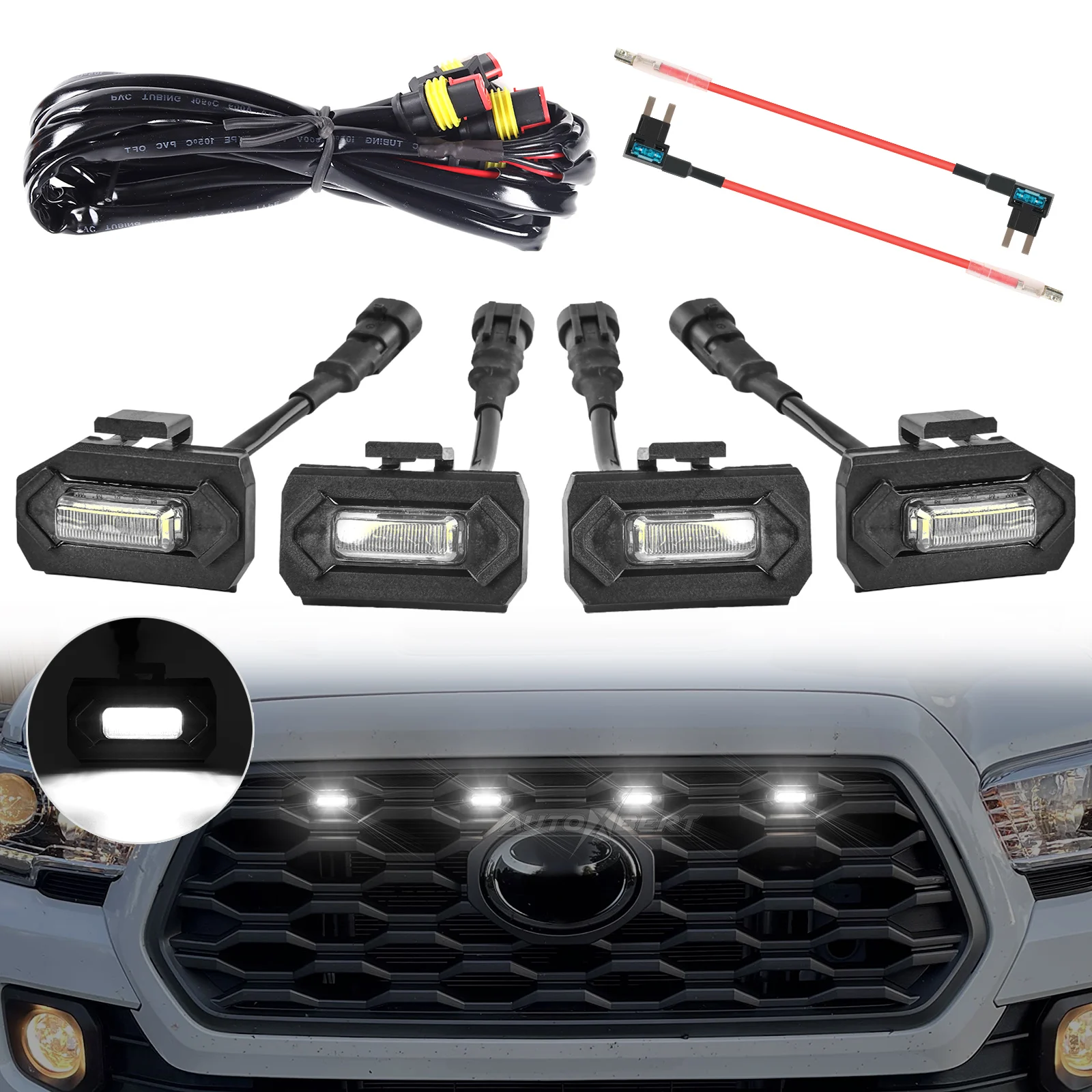 

4x Front Grille 6LED White Light Adapter Wiring Harness Kit For Toyota Tacoma 2020-2023 TRD Grill Transparent Shell Raptor-style