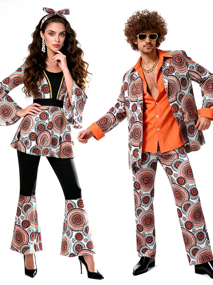 

Костюмы для пар на Дискотеку в стиле 70-х, ретро-диско, для выступлений в стиле хиппи, из полиэфирного волокна, весенняя коллекция