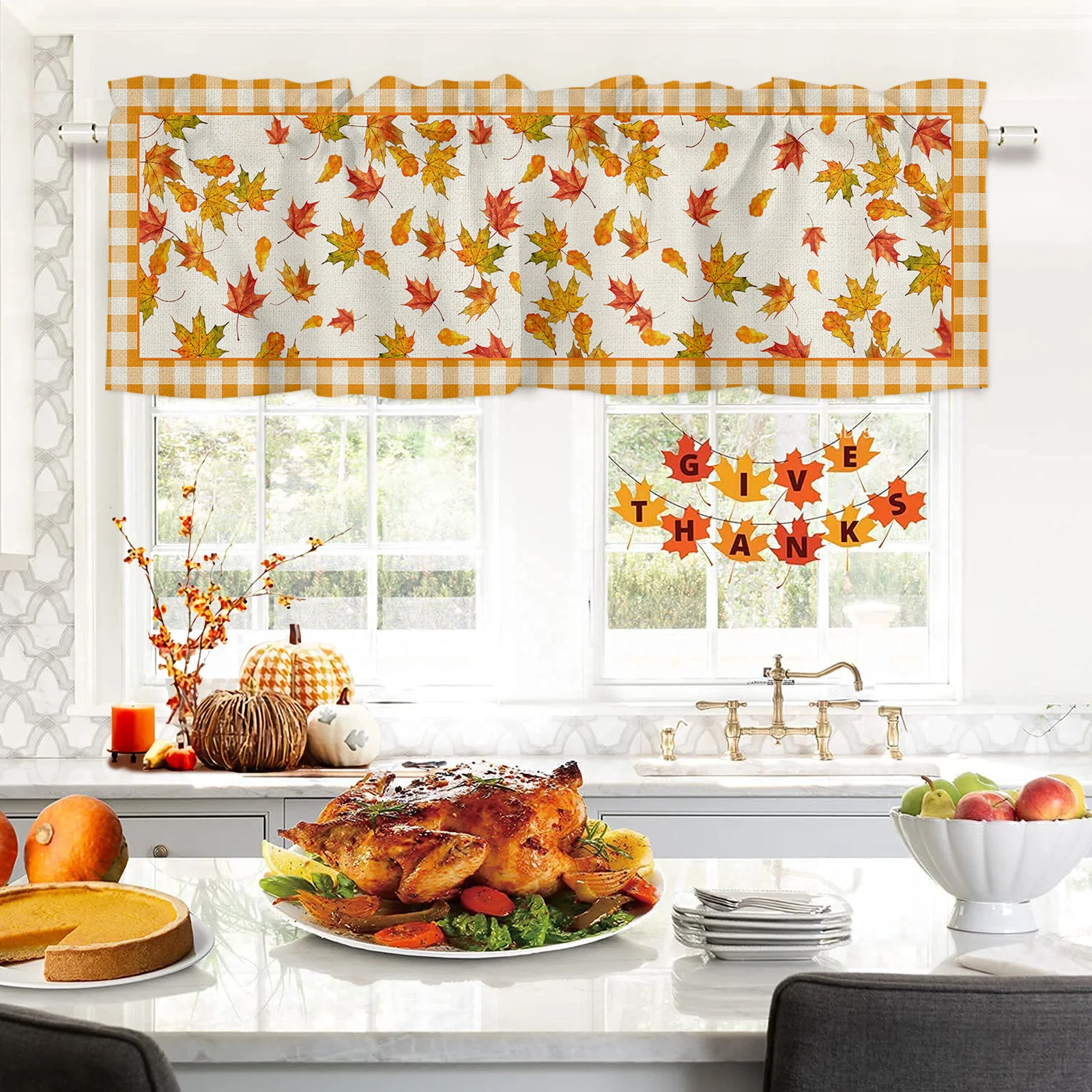 

Fall Autumn Kitchen Orange Maple Leaves Window Curtain Thanksgiving Harvest Leaf Short Rod Pocket Treatment Living Room Decor