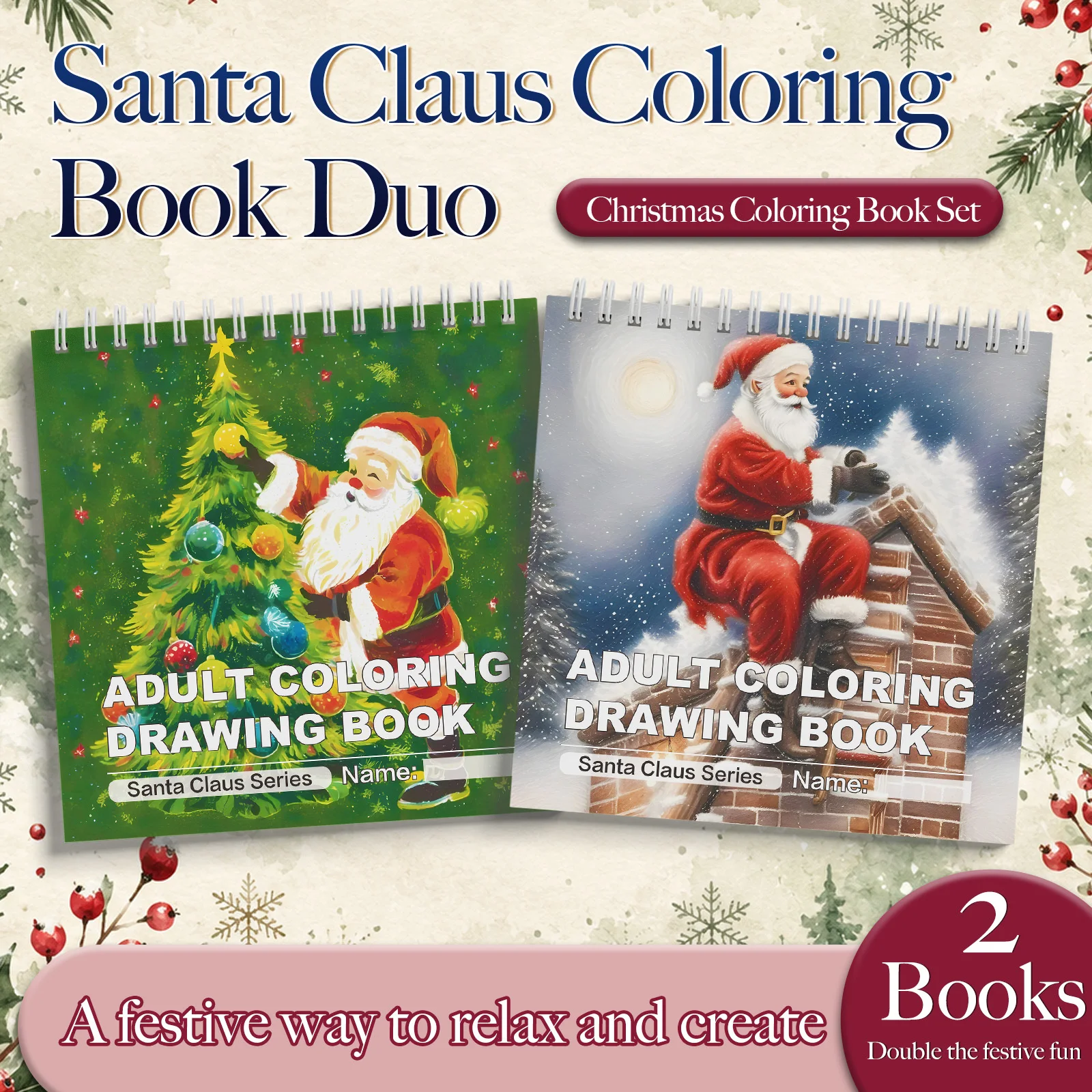 Santa Claus Christmas Coloring Notebooks, Holiday Tree Decorating, Winter Rooftop Scenes, Adult Coloring, Creative Drawing