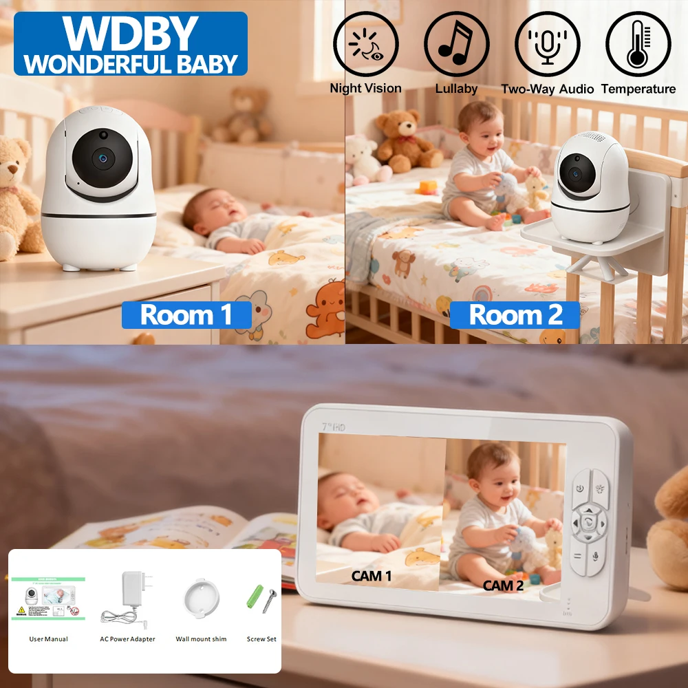 جهاز مراقبة أطفال بالفيديو عالي الدقة مقاس 7.0 بوصة مزود بكاميرتين، وزوم 4x، وشاشة مقسمة، وصوت ثنائي الاتجاه، ورؤية ليلية بالأشعة تحت الحمراء، وبطارية 4000mAh، ومراقبة المربية