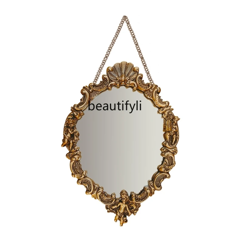 Angel Chain Mirror-European Court Retro Bedroom Makeup Mirror Light Luxury Wall Carved Fan Wall Hanging Mirror