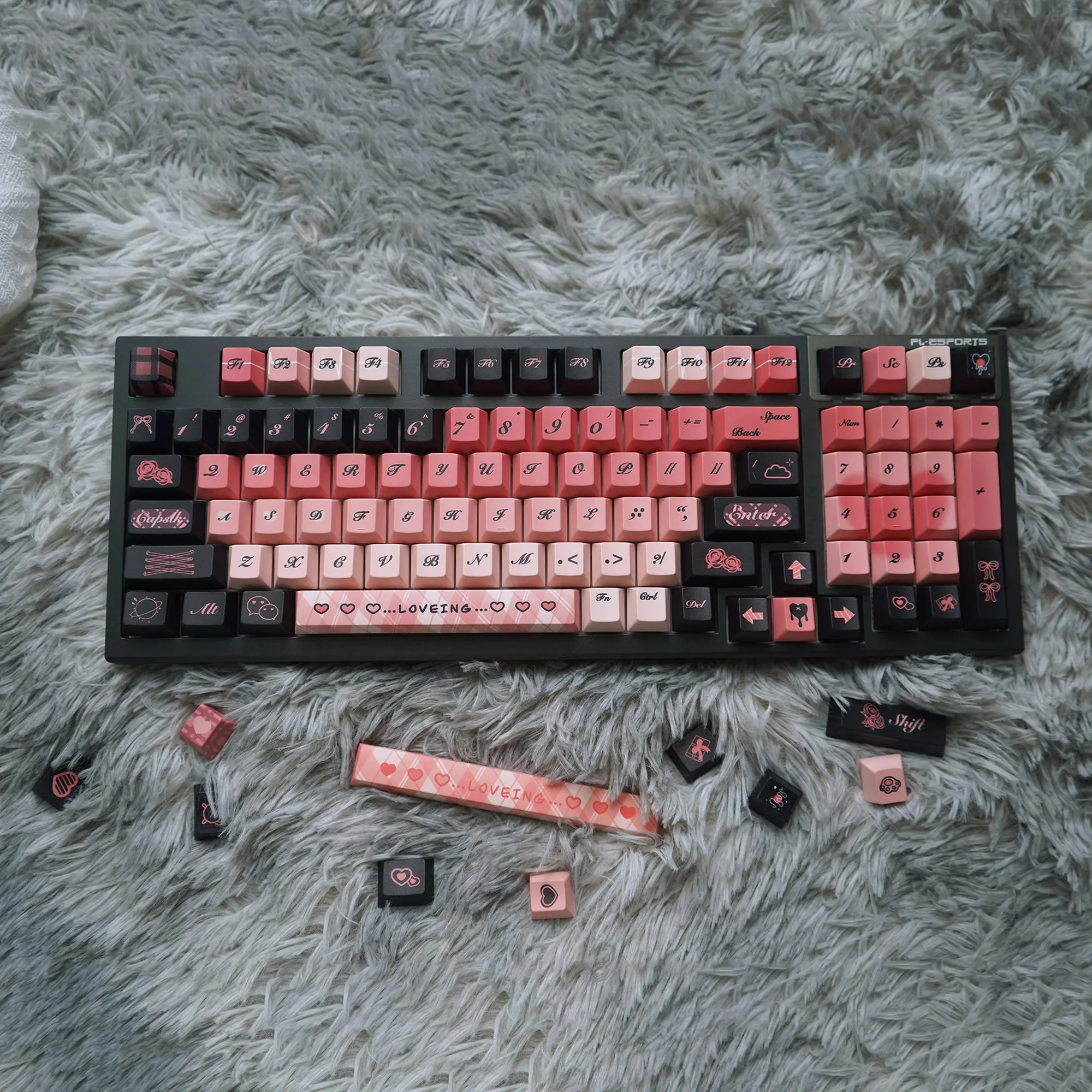 Keycaps Tema Sinal de Coração, Preto, Rosa, Bonito, Térmico, Sublimação, Presente Personalizado, Cereja, 133 Chaves