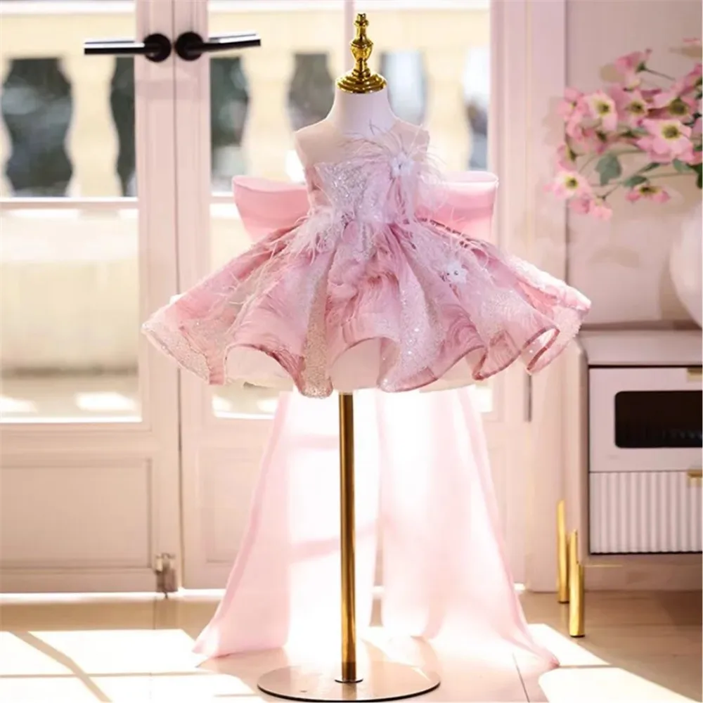 

Luxury Party Dress Flower Girl Wedding Dress Kids Sleeveless Feather Sequined with Big Bow Princess Birthday Pageant Dress 2025