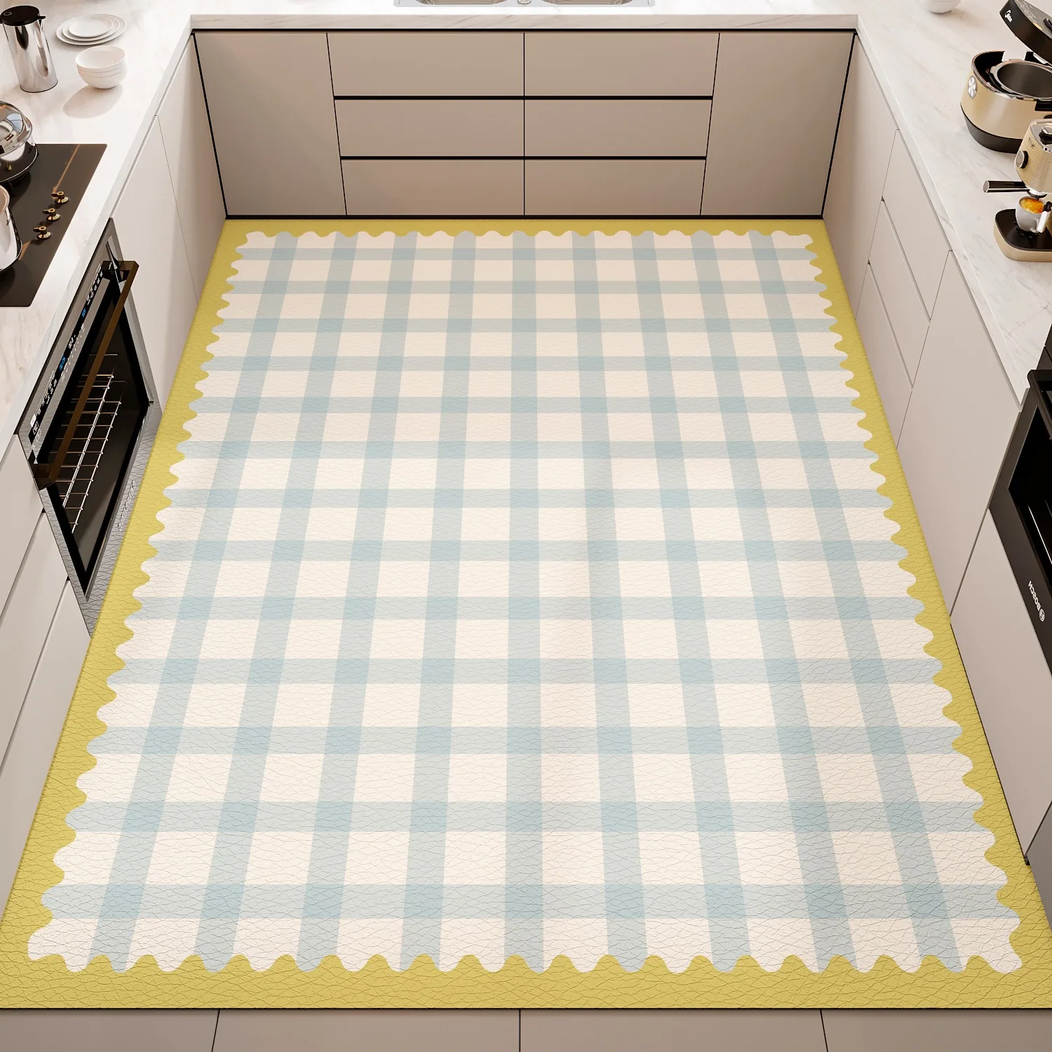 

Floor Mat for Kitchen Anti-slip Oil-proof Wipeable Carpet Leather Waterproof PVC Rug Grid Lines Large Size Foot Mats Alfombra