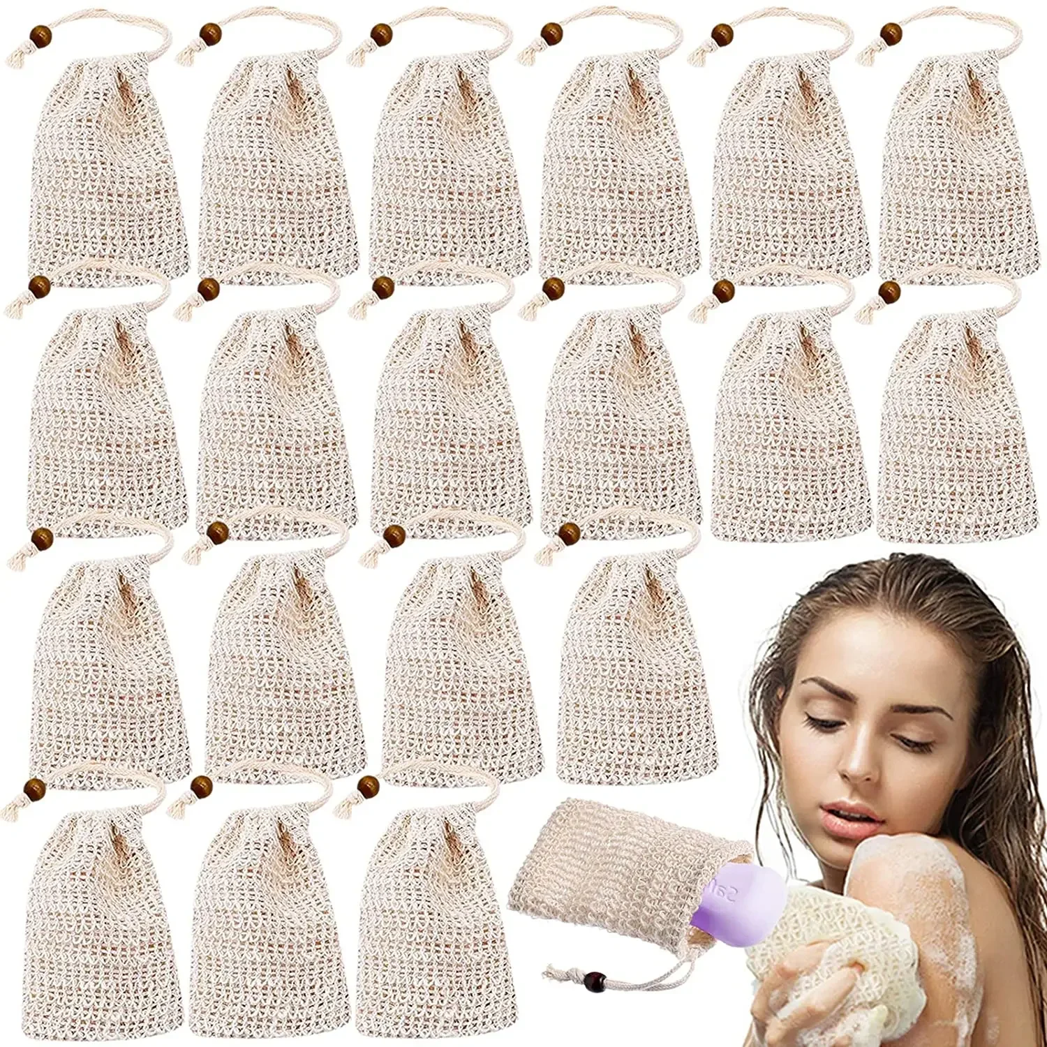 20 Pcs Natural Sisal Soap Saver Bag with Drawstring Wooden Bead Organic Soaps Pouch for Exfoliating Lathers Dry Soap Bar Shower