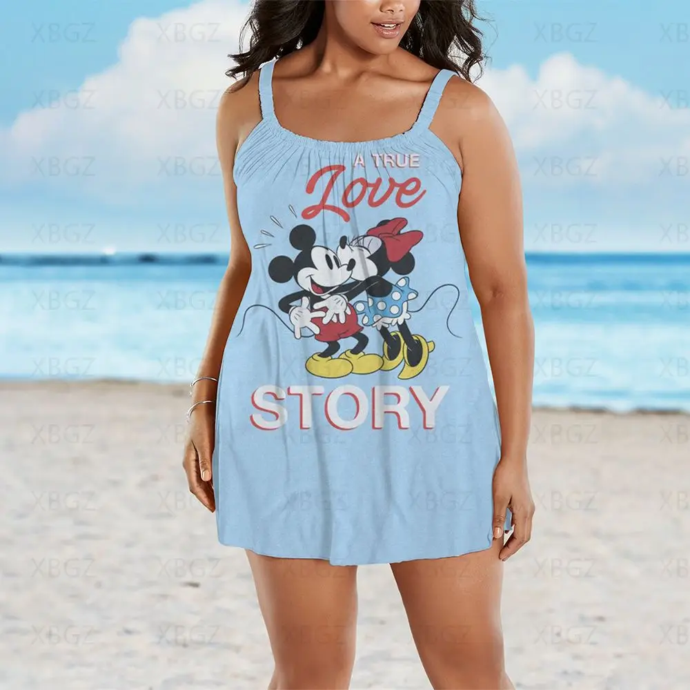 Impressão vestidos de verão mulher 2022 plus size roupas estilingue elegante boho chique vestido disney dos desenhos animados minnie mouse mickey sexy