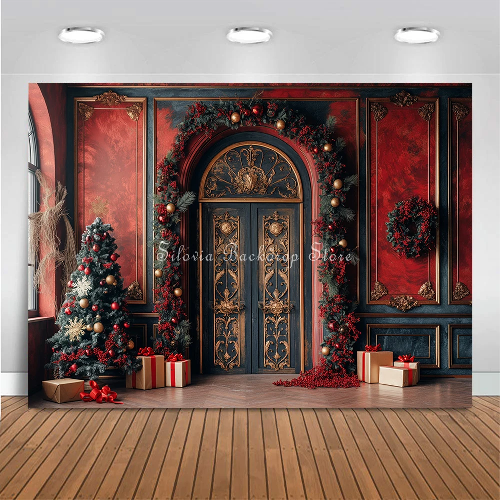 Vintage Gorgeous Door Christmas Background Xmas Tree and Gifts Photography Backdrop Adult Kids Portrait Photo Studio Props