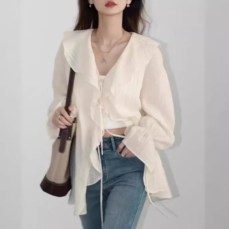 

Новая женская свободная повседневная блузка с рюшами и V-образным вырезом, однотонная, на шнуровке, средней длины, весна-лето 2026