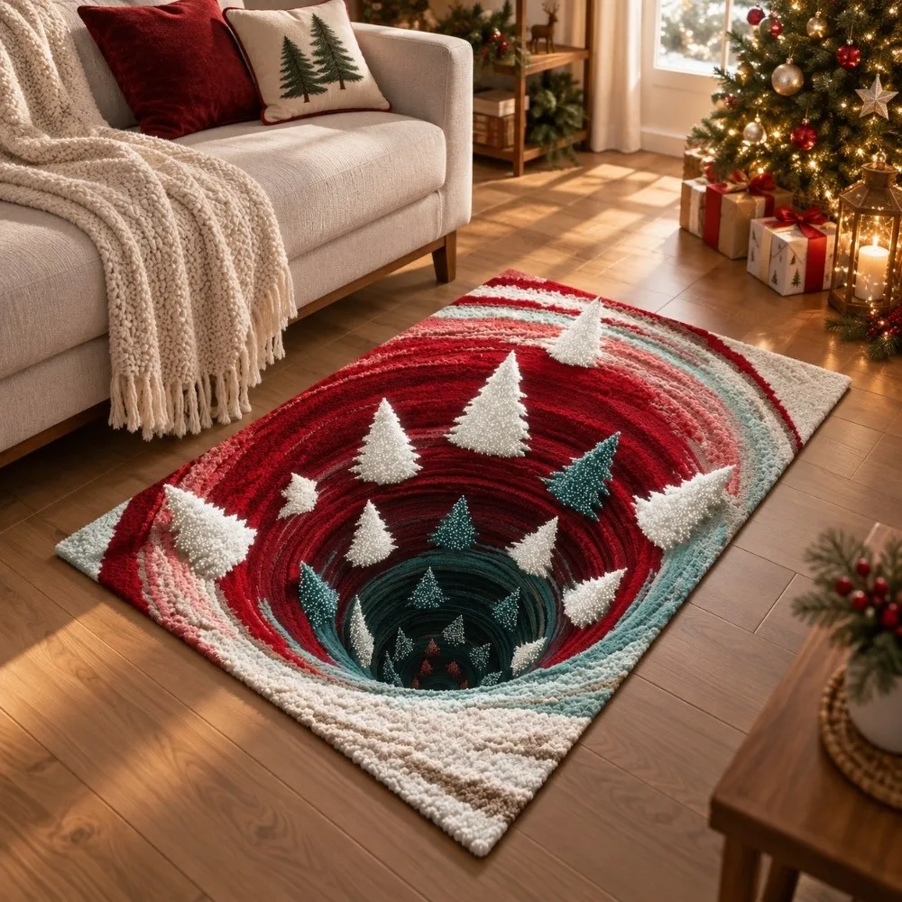 2D Flat Printed Christmas 3D Illusion Rug Reindeer Tree Santa Claus Xmas Rug Velvet Home Decor Floor Mat Living Room