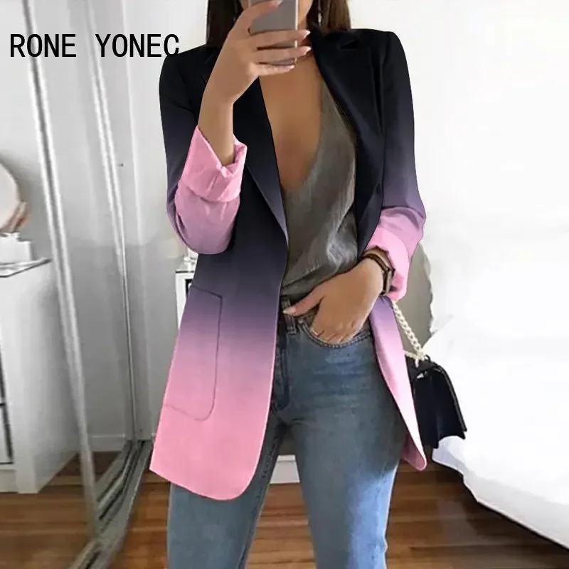 Women Elegant Gradient Collar Long Sleeves Open Stitch Pocket Blazer Jackets